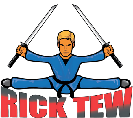 The Rick Tew logo: a ninja in blue doing the splits, holding a sword in each hand, above the words RICK TEW